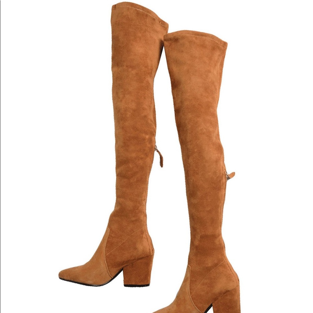 Goodnight Macaroon Tan Over-the-Knee Suede Block Heel Boots
